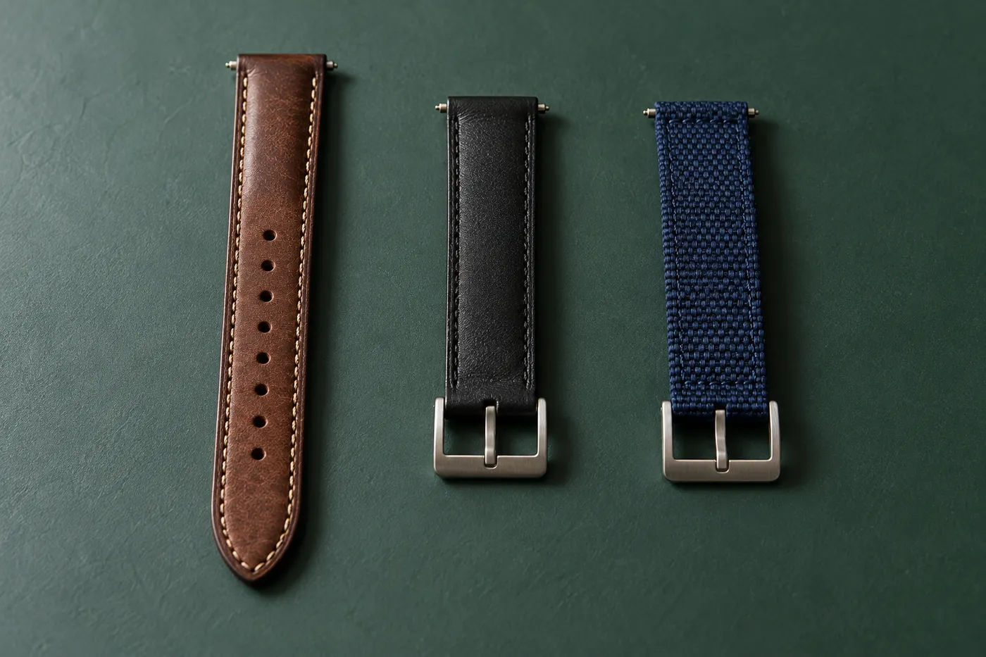 Drei einzelne Uhrenarmbandhälften nebeneinander auf grüner Matte: braunes Leder, schwarzes Leder mit Dornschließe, blaues Textilband