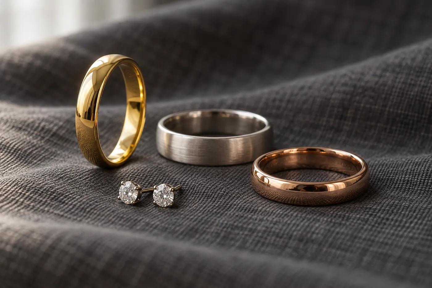 Drei schlichte Ringe in Gelbgold, Weißgold und Roségold und ein Paar kleine Ohrstecker auf dunkelgrauem Leinen