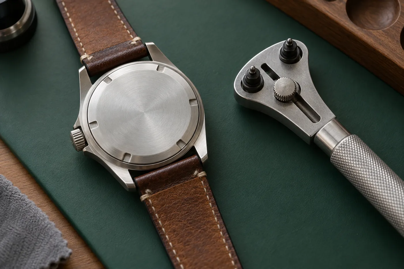 Herrenuhr mit braunem Lederband liegt mit dem gebürsteten Gehäuseboden nach oben auf grüner Matte, daneben ein Gehäuseöffner