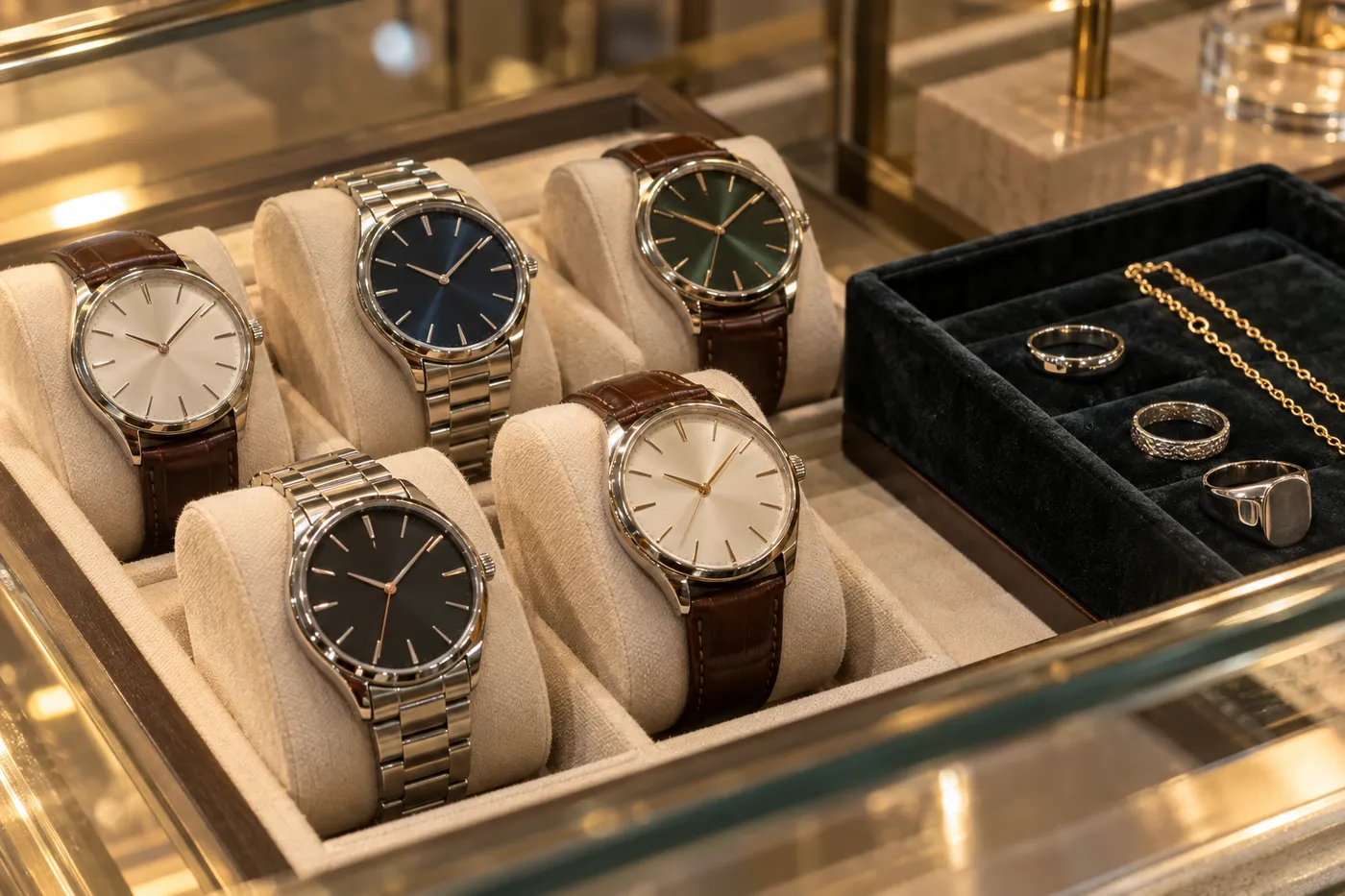 Kleine Glasvitrine mit Armbanduhren auf cremefarbenen Kissen, daneben Ringe und eine Goldkette auf dunklem Samt